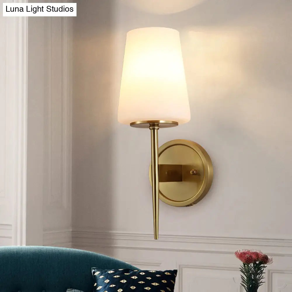 Modernist Opal Glass Tapered Wall Lamp: Brass Sconce Light Fixture With Pencil Arm