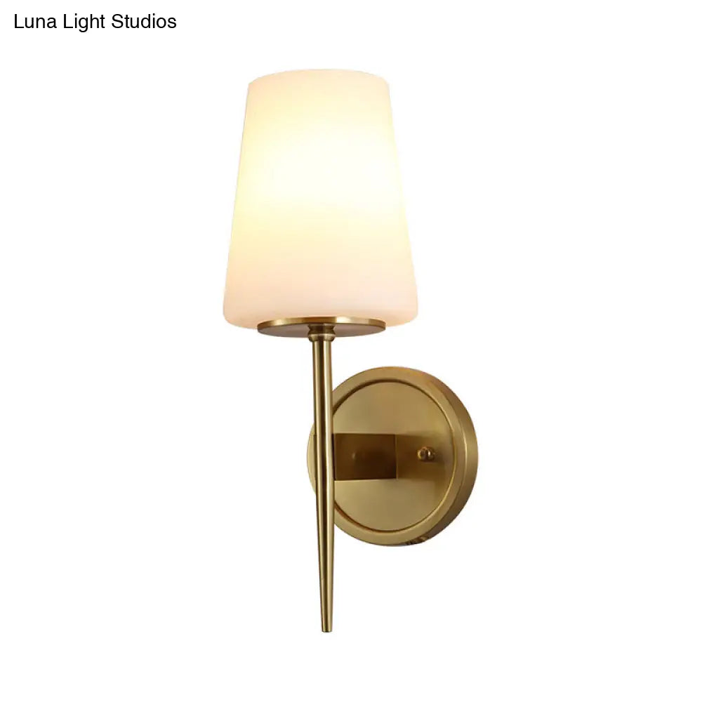 Modernist Opal Glass Tapered Wall Lamp: Brass Sconce Light Fixture With Pencil Arm