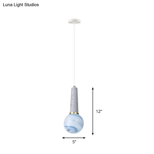 Modernist Pendant Lamp: Blue Planet Glass With Marble Top - Ball Coffee Shop Hanging Light (1 Head)