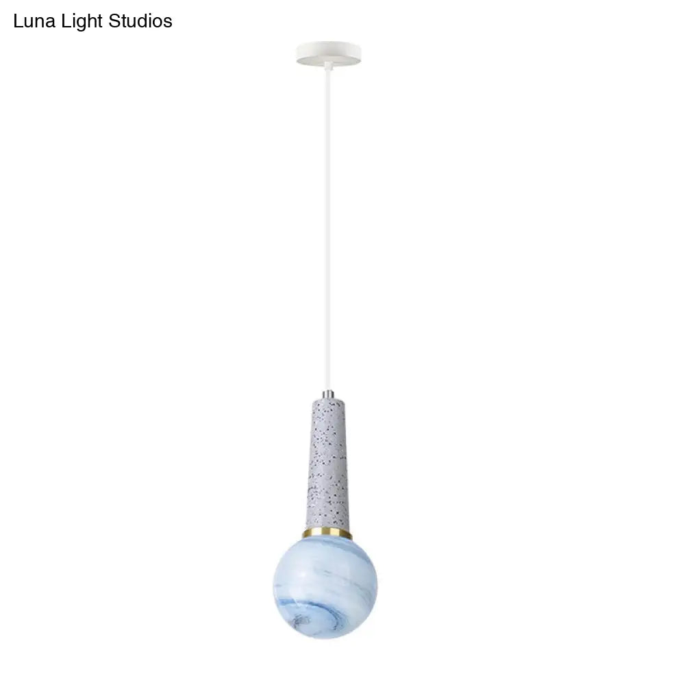 Modernist Pendant Lamp: Blue Planet Glass With Marble Top - Ball Coffee Shop Hanging Light (1 Head)