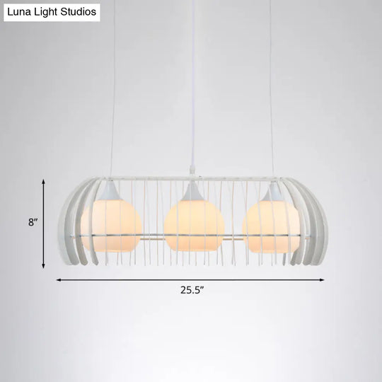 Modernist Pendant Lamp- White Glass 3-Head Dining Room Island Light Fixture With Cage