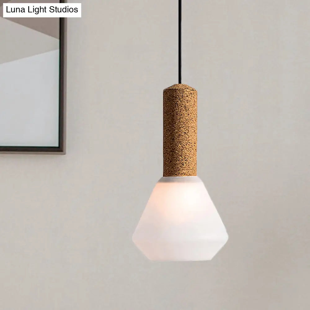 Modernist Pendant Light With Wood Diamond Design And Textured White/Smoke Gray Glass Shade