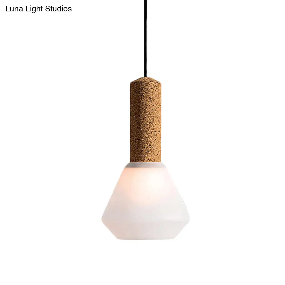 Modernist Pendant Light With Wood Diamond Design And Textured White/Smoke Gray Glass Shade