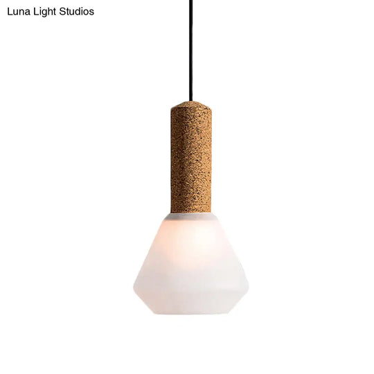 Modernist Pendant Light With Wood Diamond Design And Textured White/Smoke Gray Glass Shade