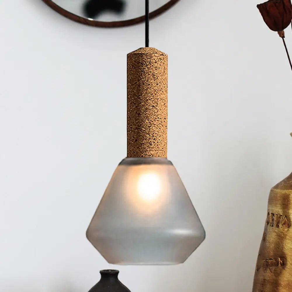 Modernist Pendant Light With Wood Diamond Design And Textured White/Smoke Gray Glass Shade Smoke