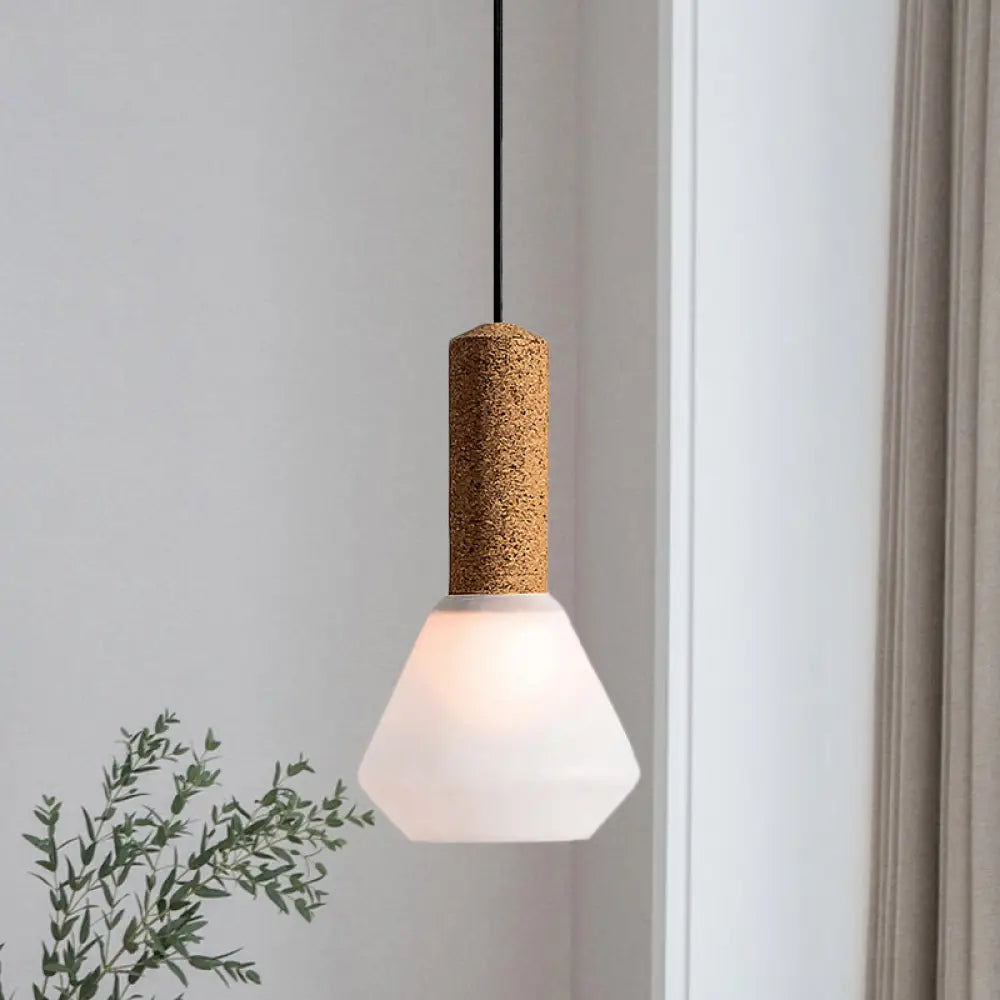 Modernist Pendant Light With Wood Diamond Design And Textured White/Smoke Gray Glass Shade White