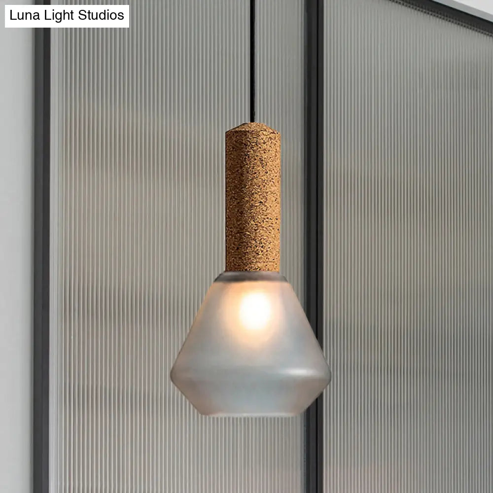 Modernist Pendant Light With Wood Diamond Design And Textured White/Smoke Gray Glass Shade