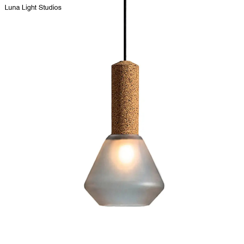 Modernist Pendant Light With Wood Diamond Design And Textured White/Smoke Gray Glass Shade