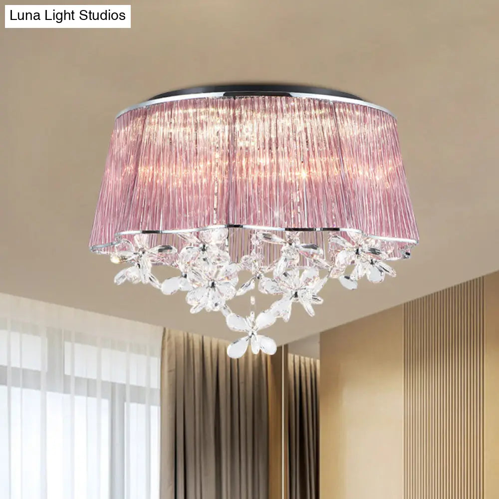 Modernist Pink Crystal Rods Ceiling Lamp With Scalloped Drum Shade 3-Light Flush Mount