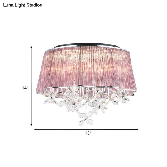 Modernist Pink Crystal Rods Ceiling Lamp With Scalloped Drum Shade 3-Light Flush Mount