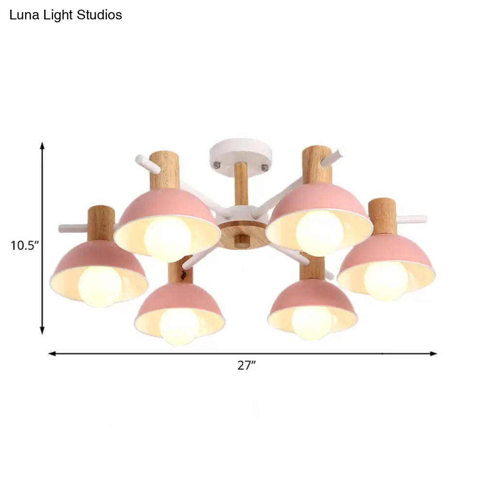 Modernist Pink/Green Dome Chandelier - Radial Design 6-Light Led Hanging Lamp Fixture