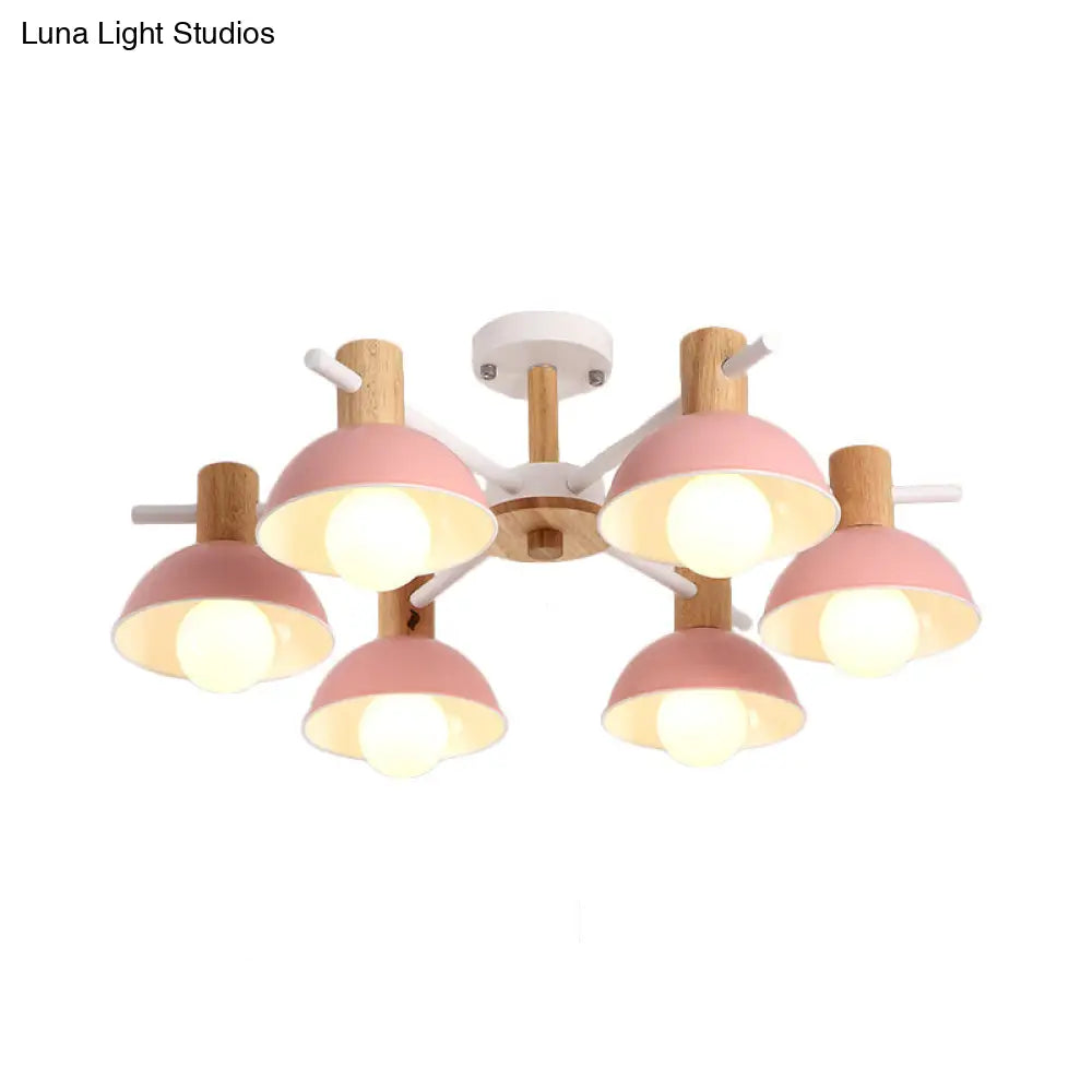 Modernist Pink/Green Dome Chandelier - Radial Design 6-Light Led Hanging Lamp Fixture