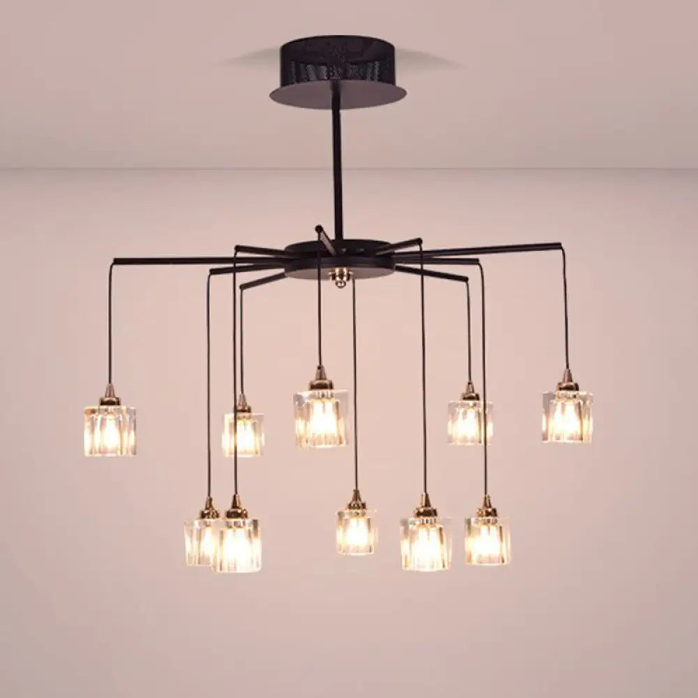 Modernist Radial Ceiling Chandelier - 10 Lights With Black Finish Metal Pendant And Clear Crystal