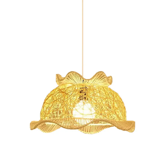 Modernist Rattan Pendant Light - 1-Light Beige Hanging Lamp For Table Ruffled Hat/Spiral Design /