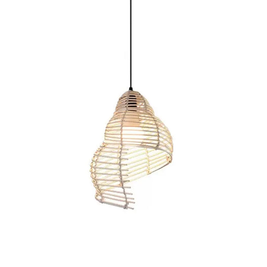 Modernist Rattan Pendant Light - 1-Light Beige Hanging Lamp For Table Ruffled Hat/Spiral Design /