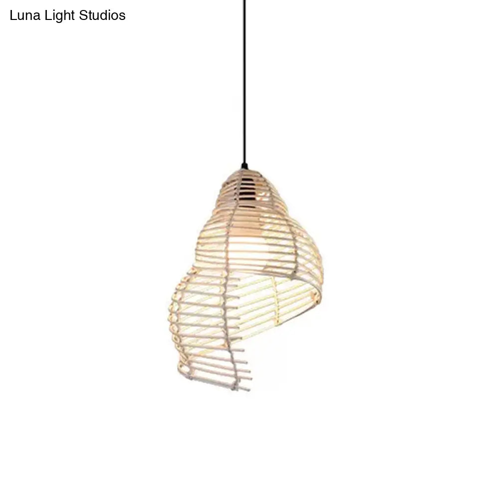 Modernist Rattan 1-Light Beige Pendant Light Fixture - Ruffled/Spiral Design Ideal For Hanging Over