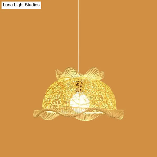 Modernist Rattan Pendant Light - 1-Light Beige Hanging Lamp For Table Ruffled Hat/Spiral Design