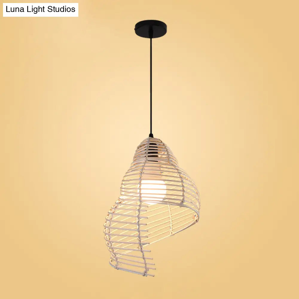 Modernist Rattan Pendant Light - 1-Light Beige Hanging Lamp For Table Ruffled Hat/Spiral Design