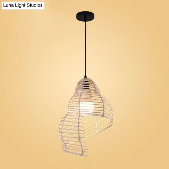 Modernist Rattan Pendant Light - 1-Light Beige Hanging Lamp For Table Ruffled Hat/Spiral Design