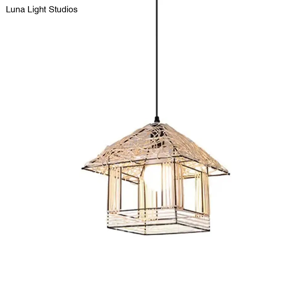 Modernist Rattan 1-Light Beige Pendant Light Fixture - Ruffled/Spiral Design Ideal For Hanging Over