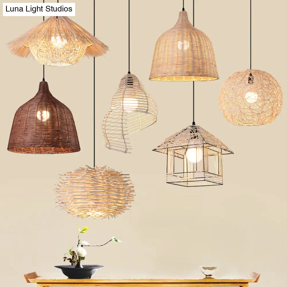 Modernist Rattan 1-Light Beige Pendant Light Fixture - Ruffled/Spiral Design Ideal For Hanging Over