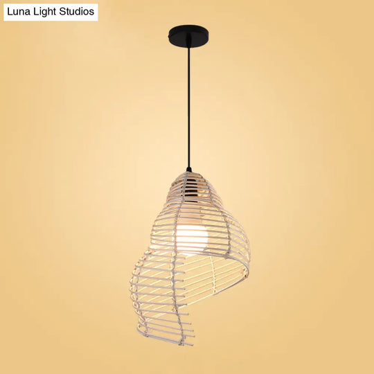 Modernist Rattan 1-Light Beige Pendant Light Fixture - Ruffled/Spiral Design Ideal For Hanging Over