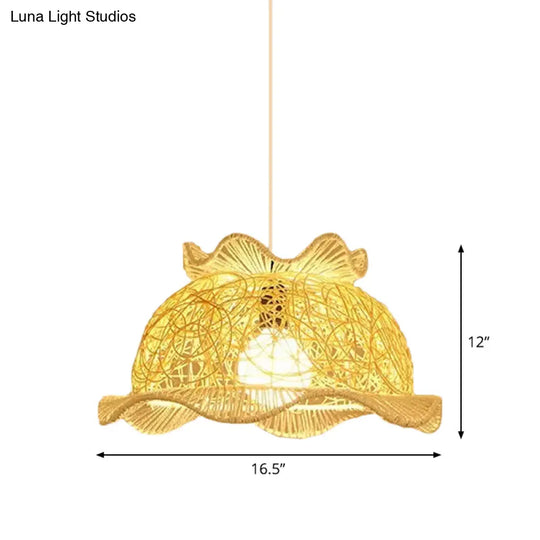Modernist Rattan Pendant Light - 1-Light Beige Hanging Lamp For Table Ruffled Hat/Spiral Design