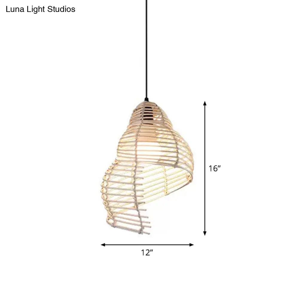 Modernist Rattan Pendant Light - 1-Light Beige Hanging Lamp For Table Ruffled Hat/Spiral Design