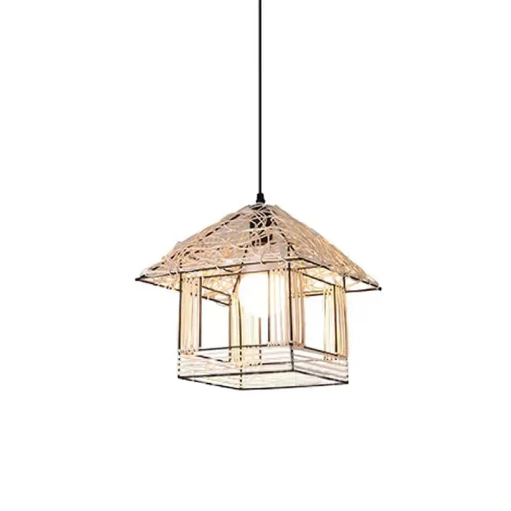 Modernist Rattan Pendant Light - 1-Light Beige Hanging Lamp For Table Ruffled Hat/Spiral Design /