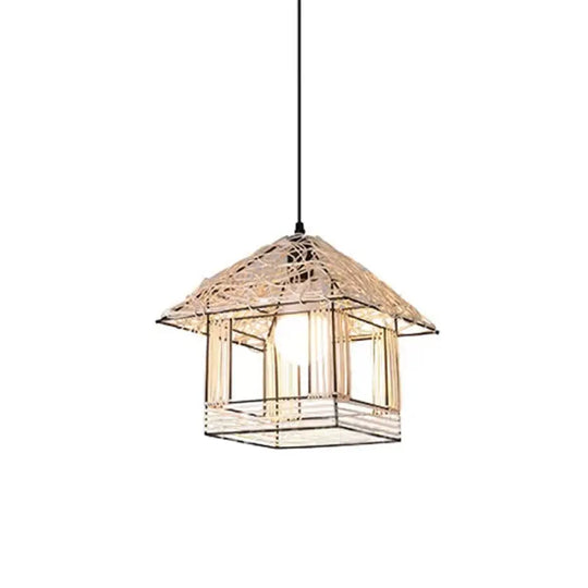 Modernist Rattan Pendant Light - 1-Light Beige Hanging Lamp For Table Ruffled Hat/Spiral Design /