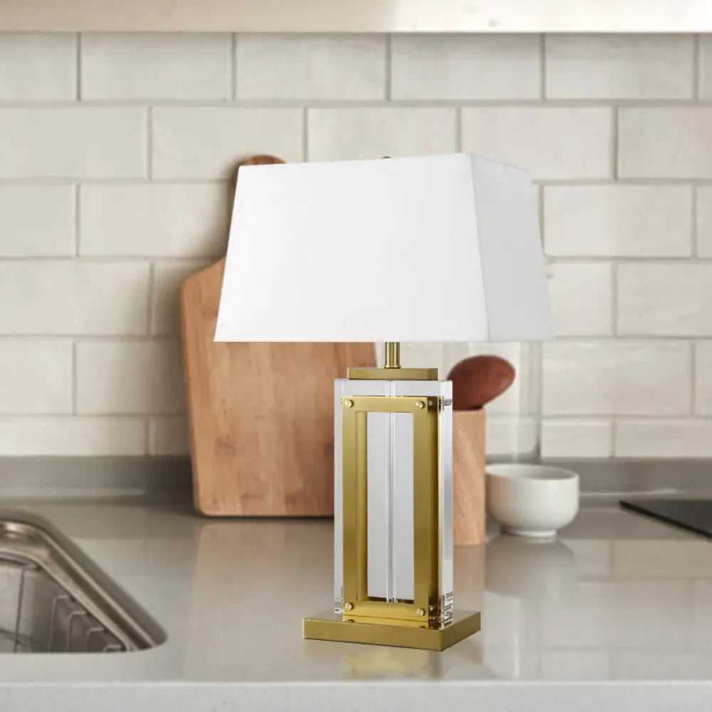 Modernist Rectangular Fabric Task Light Gold Nightstand Lamp With Clear Crystal And 1 Bulb