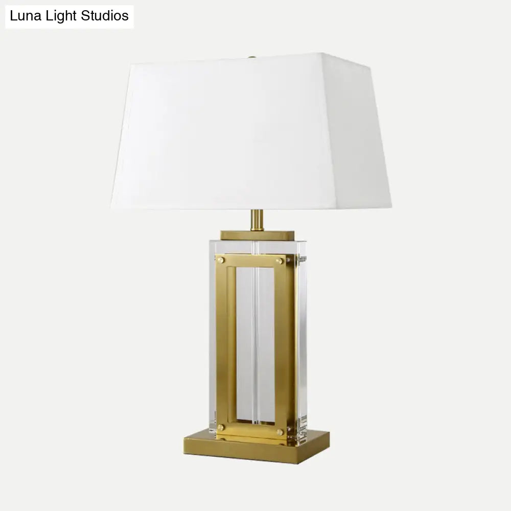 Modernist Rectangular Fabric Task Light Gold Nightstand Lamp With Clear Crystal And 1 Bulb