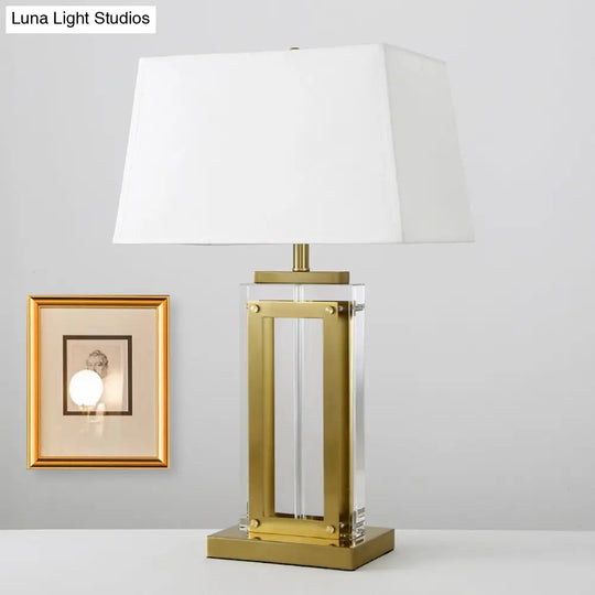 Modernist Rectangular Fabric Task Light Gold Nightstand Lamp With Clear Crystal And 1 Bulb