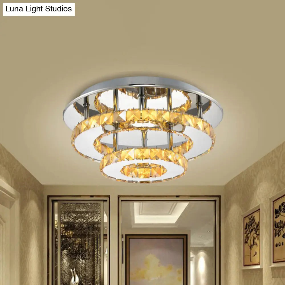 Modernist Round Crystal Semi Flush Light: 2 Tier Clear/Amber Ceiling Mount In Neutral/Warm/White -