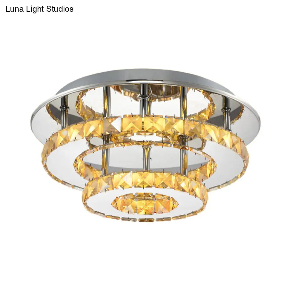 Modernist Round Crystal Semi Flush Light: 2 Tier Clear/Amber Ceiling Mount In Neutral/Warm/White -