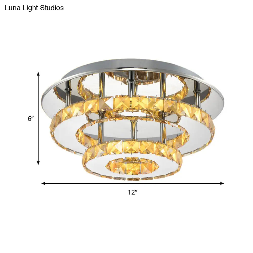 Modernist Round Crystal Semi Flush Light: 2 Tier Clear/Amber Ceiling Mount In Neutral/Warm/White -