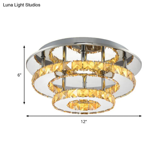 Modernist Round Crystal Semi Flush Light: 2 Tier Clear/Amber Ceiling Mount In Neutral/Warm/White -