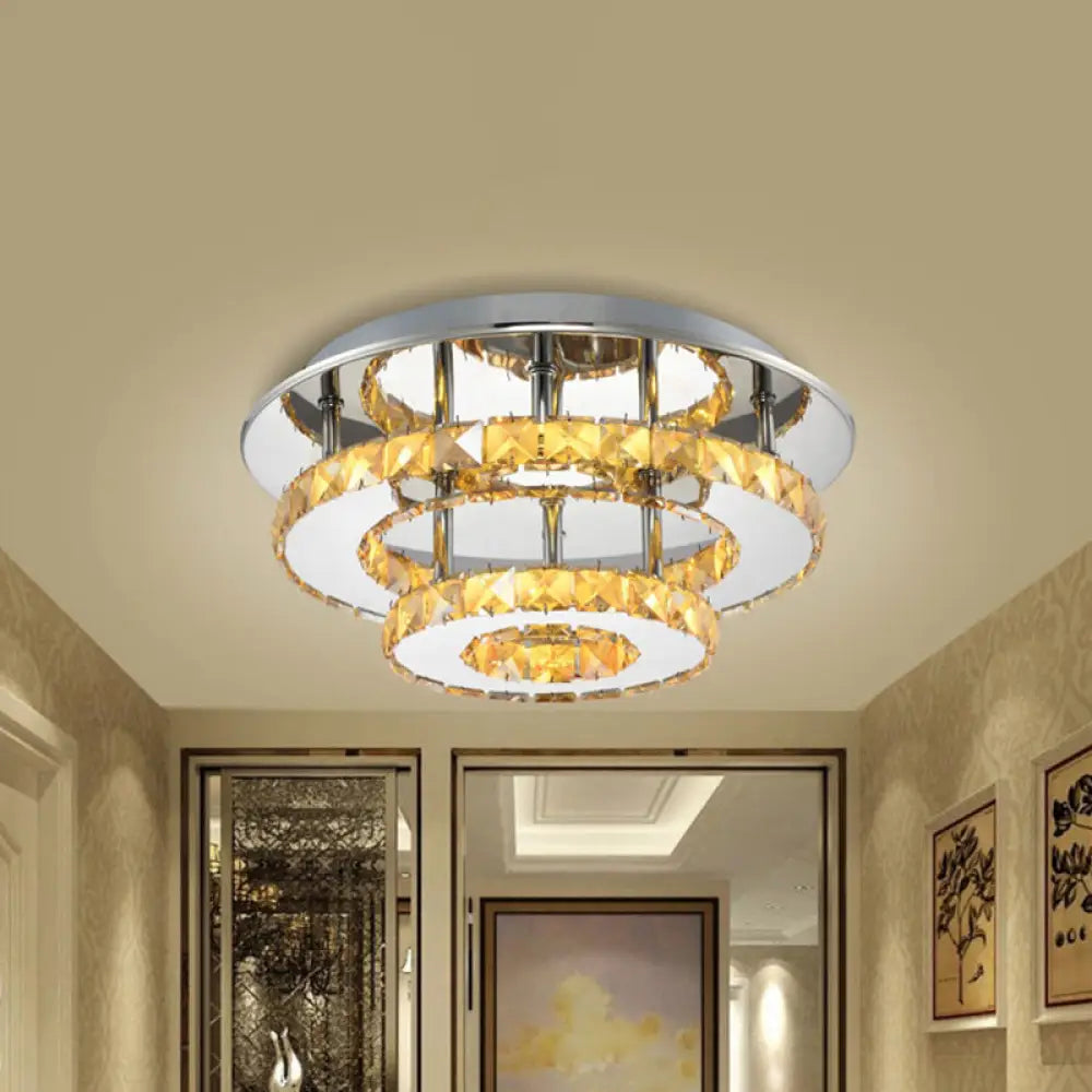 Modernist Round Crystal Semi Flush Light: 2 Tier Clear/Amber Ceiling Mount In Neutral/Warm/White -