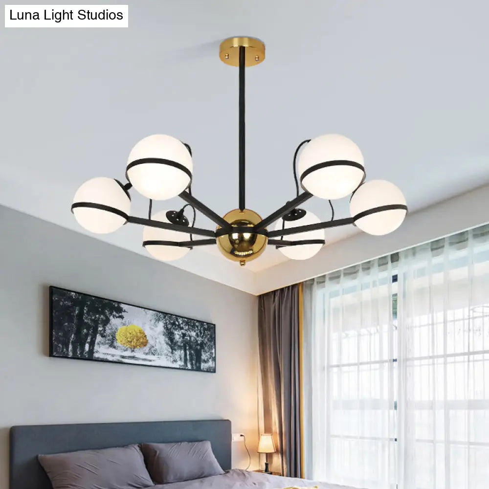 Modernist Round Hanging Chandelier - Frosted White Glass 6/8/10 Bulbs Pendant Light In Black 6 /