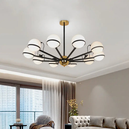 Modernist Round Hanging Chandelier - Frosted White Glass 6/8/10 Bulbs Black Pendant Light Fixture