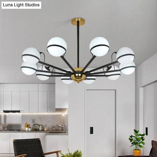 Modernist Round Hanging Chandelier - Frosted White Glass 6/8/10 Bulbs Pendant Light In Black