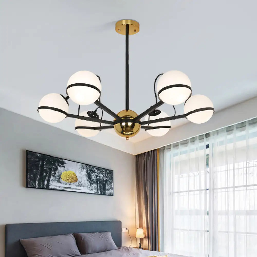 Modernist Round Hanging Chandelier - Frosted White Glass 6/8/10 Bulbs Black Pendant Light Fixture 6