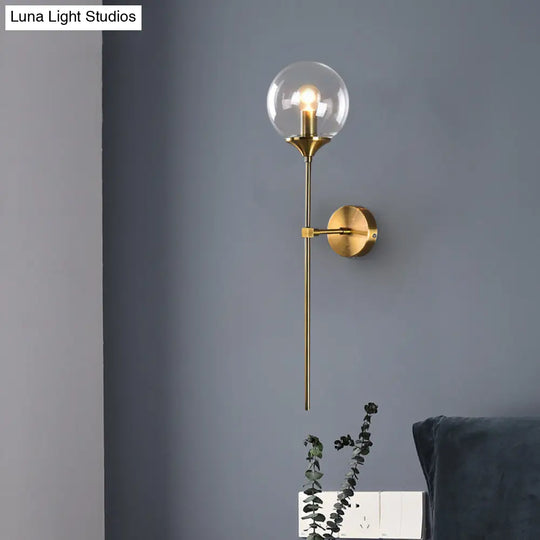 Modernist Round Wall Lamp With Clear/Amber/Smoke Gray Glass & Metal Pencil Arm - Bedside Sconce