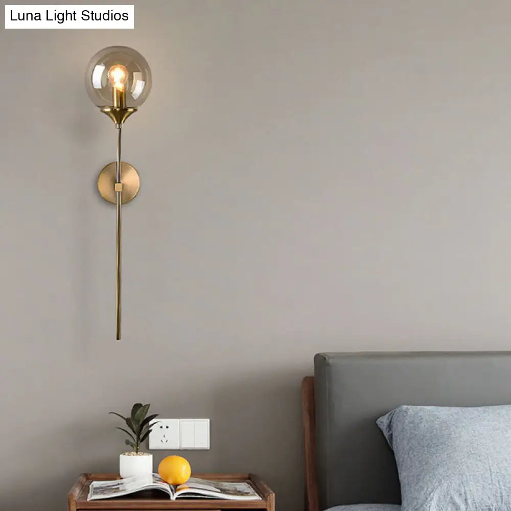 Modernist Round Wall Lamp With Clear/Amber/Smoke Gray Glass & Metal Pencil Arm - Bedside Sconce