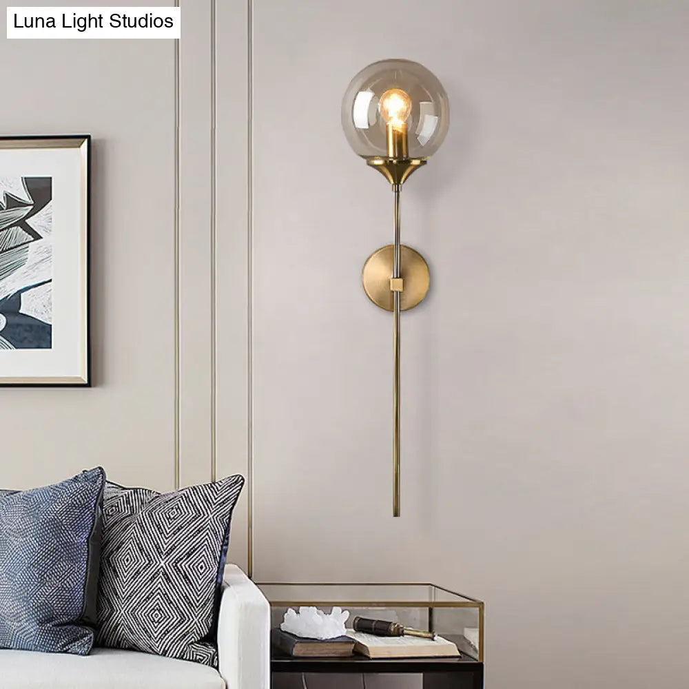 Modernist Round Wall Lamp With Clear/Amber/Smoke Gray Glass & Metal Pencil Arm - Bedside Sconce