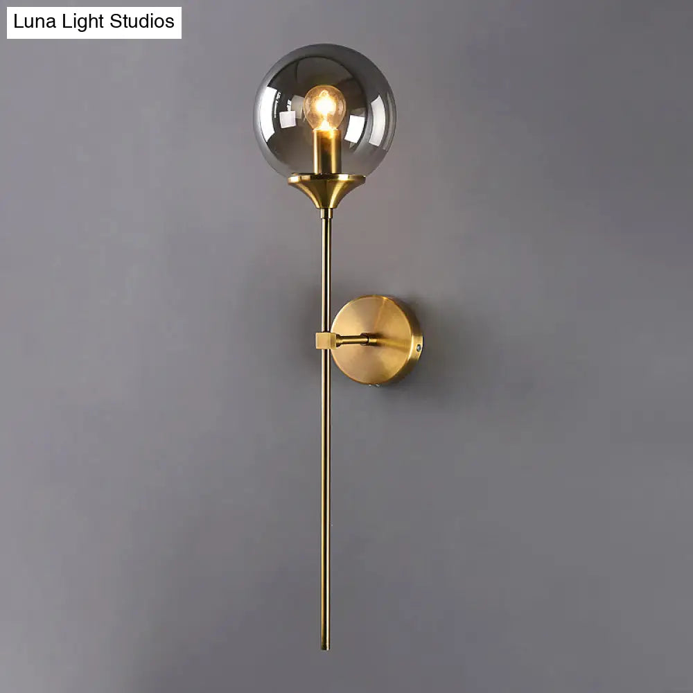 Modernist Round Wall Lamp With Clear/Amber/Smoke Gray Glass & Metal Pencil Arm - Bedside Sconce