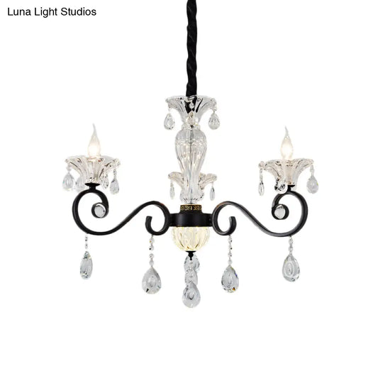 Modernist Scroll Pendant Chandelier - Clear Crystal 3 Bulbs Black