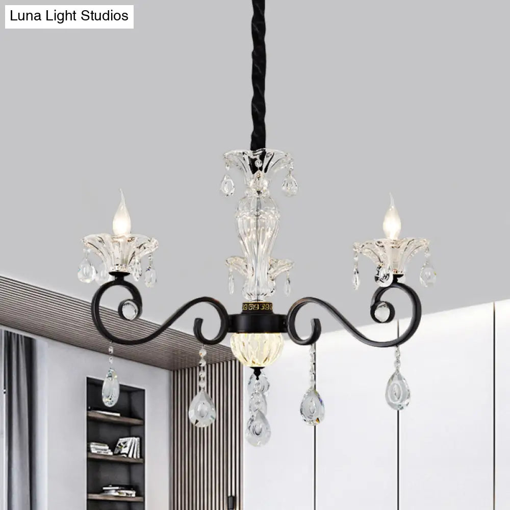 Modernist Scroll Pendant Chandelier - Clear Crystal 3 Bulbs Black