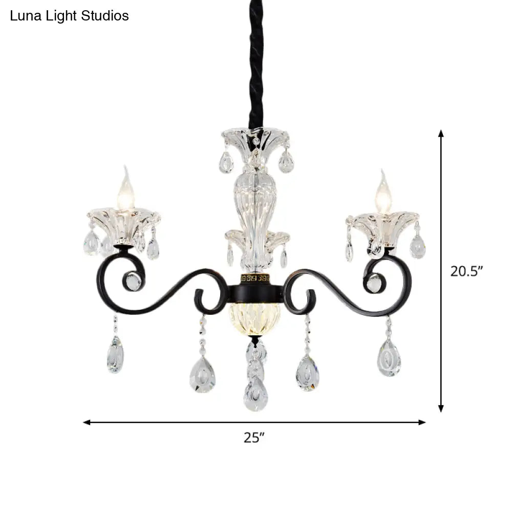 Modernist Scroll Pendant Chandelier - Clear Crystal 3 Bulbs Black