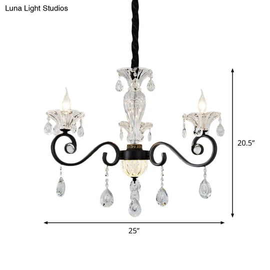 Modernist Scroll Pendant Chandelier - Clear Crystal 3 Bulbs Black